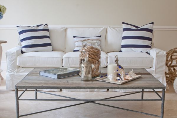 Carmel Slipcovered Sofa and Reclaimed Wood Coffee Table