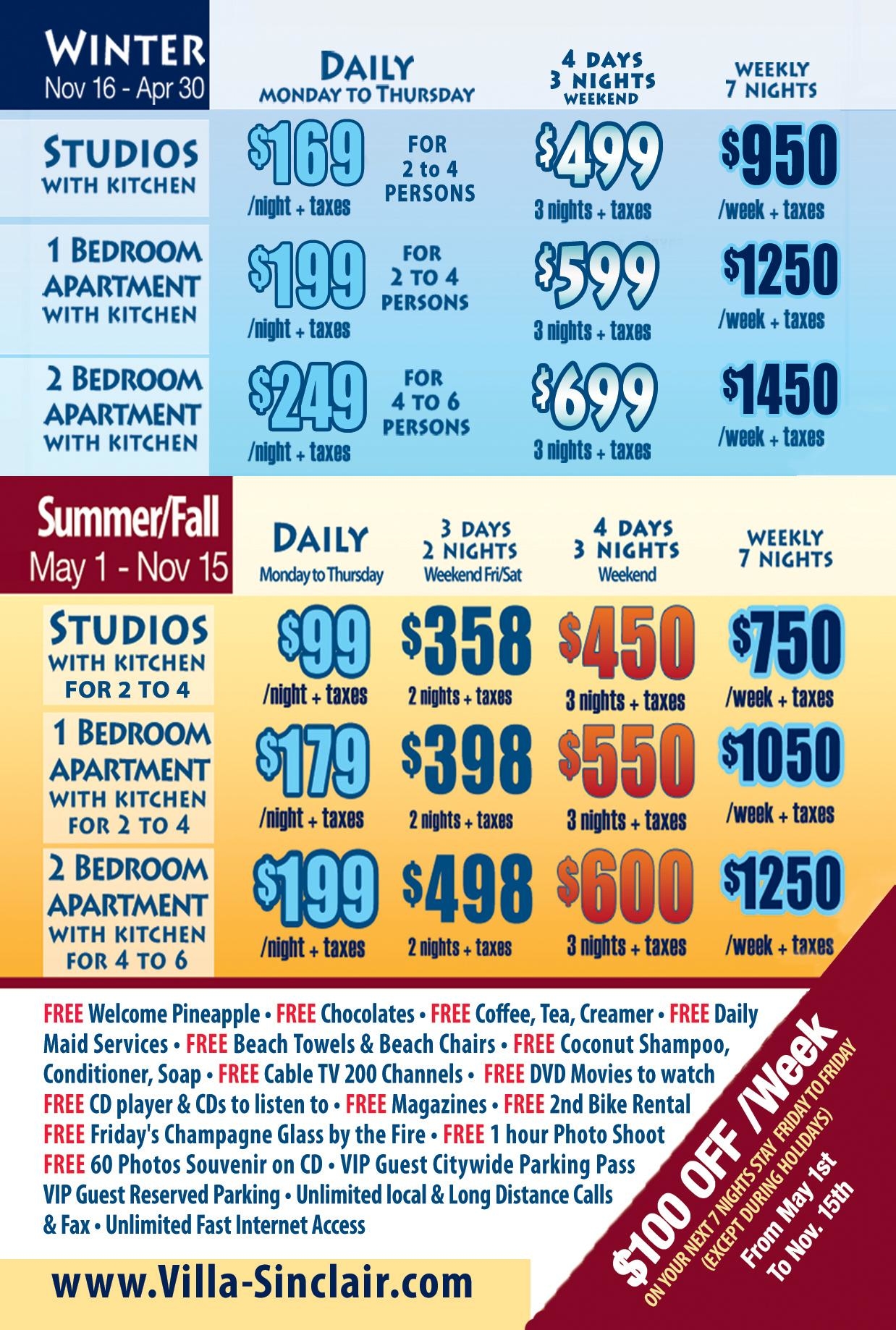 Winter Rates November 15th to April 30th Summer Rates May 1st to November 14th Save $100 OFF/Week Friday to Friday (except during Holiday) Villa Sinclair Beach Suites & SPA 317 Polk Street Hollywood Beach Florida 33019 RSVP 1-954-450-0000 steps from the Beach & Hollywood Boardwalk