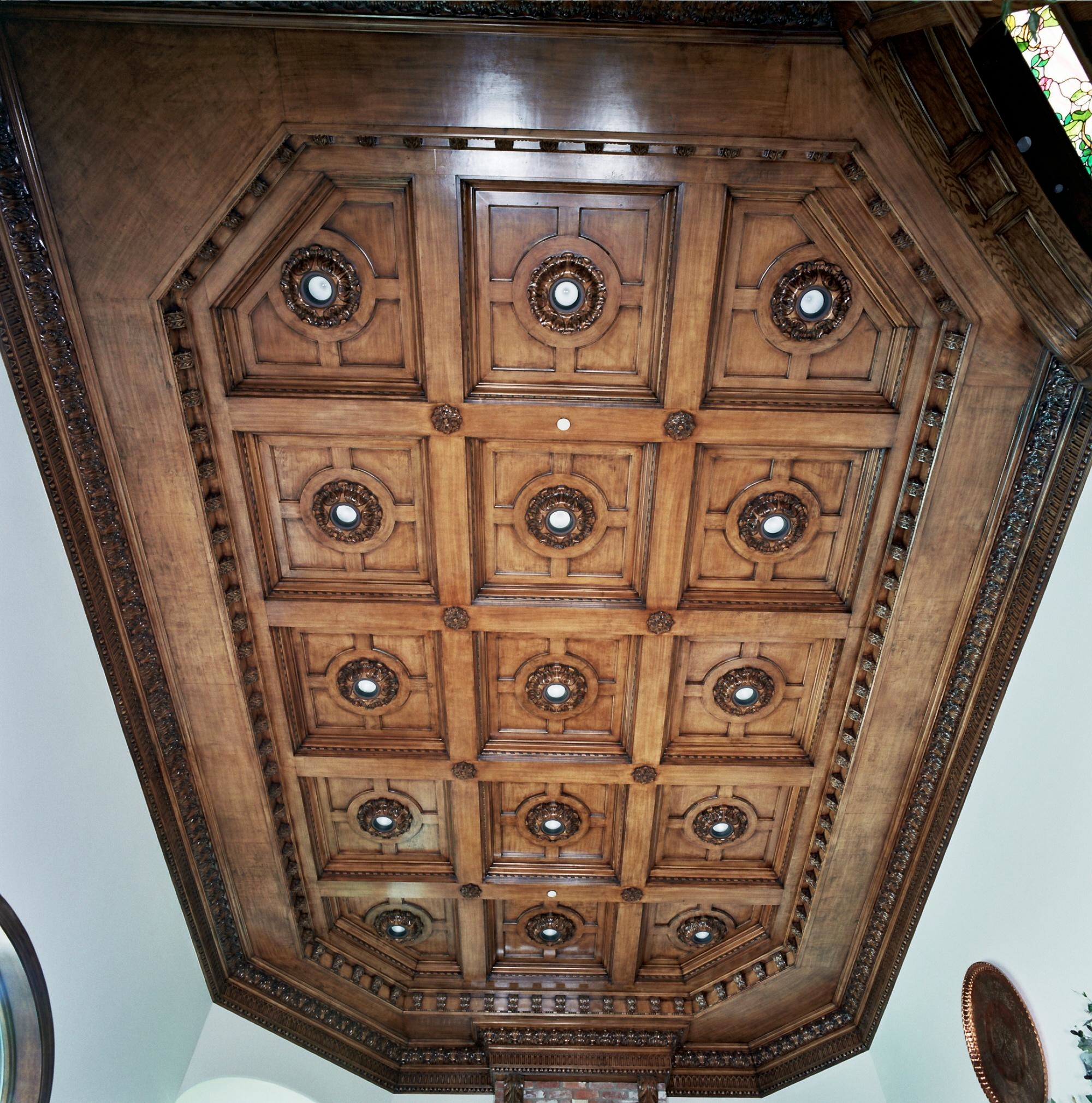 Great room Grand Coffered Ceiling in stained Maple. Fabrication/installation by Philip Snyder of PS Woodworking.