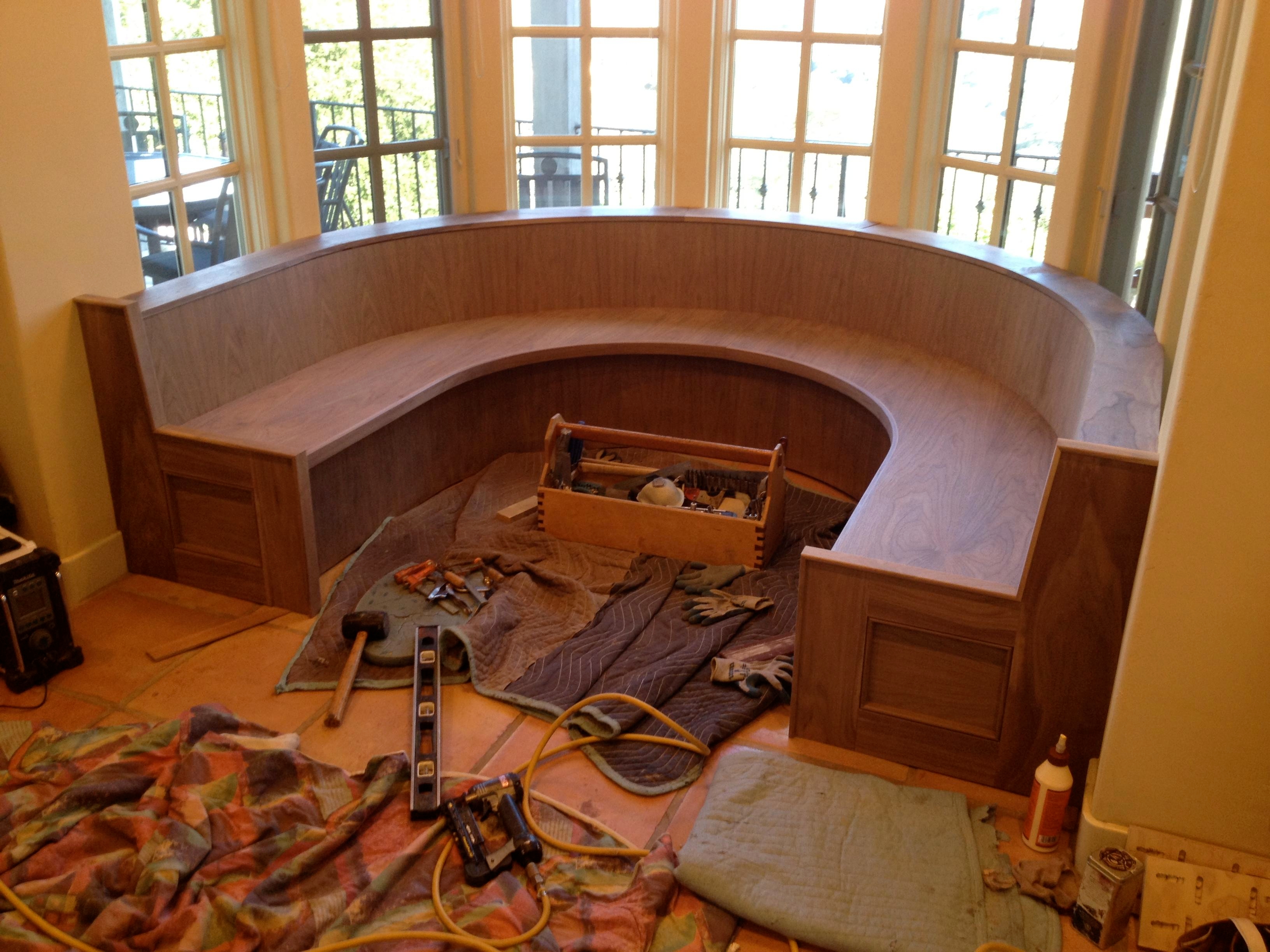 Banquette before bleaching, sealing and custom table.