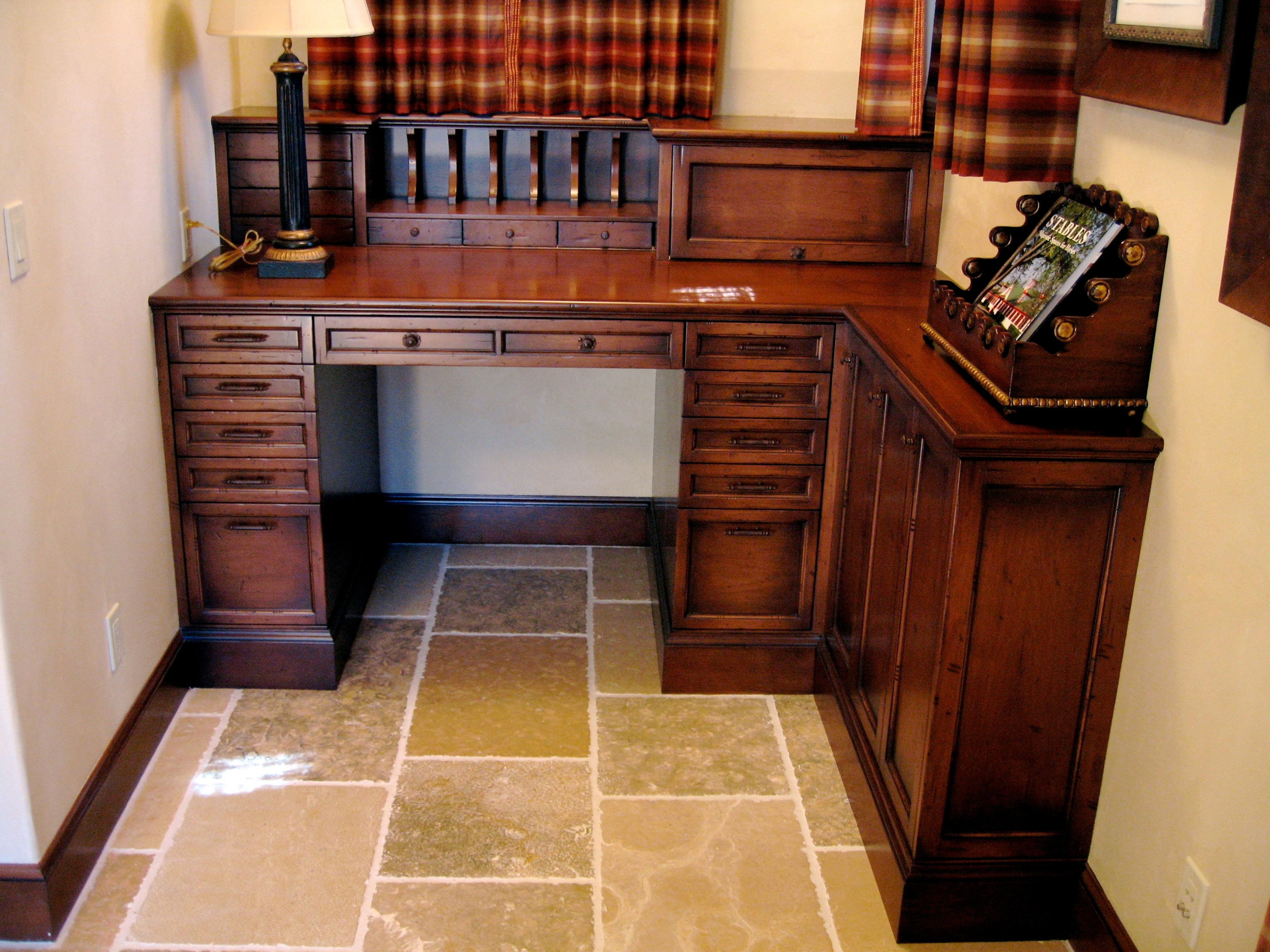 Custom built in bureau in distressed Alder, handcrafted by Philip Snyder of PS Woodworking offers function and elegance to an office.
