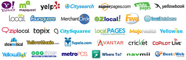 Yahoo!, Yelp, MapQuest, Superpages, Yellowbook, Foursquare and over 20 other sites!